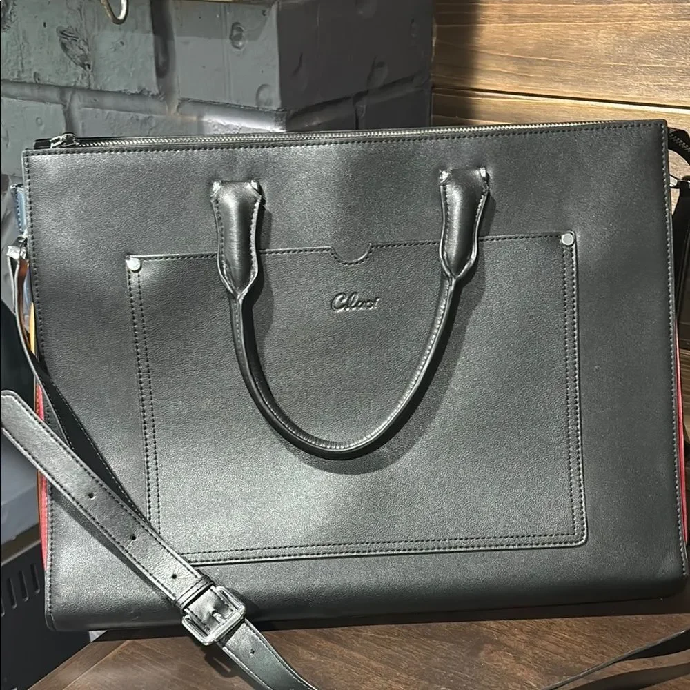Claci Black Leather Accordion Color Side Tote Business Briefcase Bag